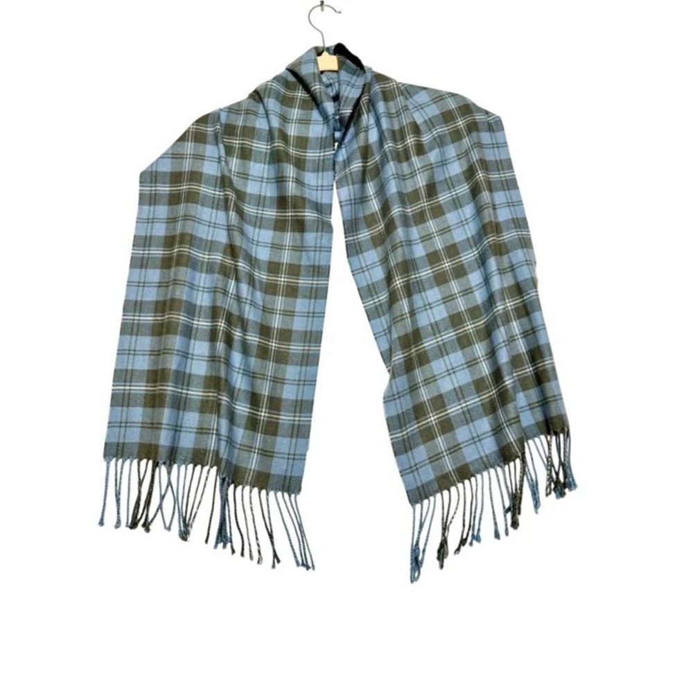 Blue and Olive Green Plaid Tartan Very Soft 62" Scarf with Fringe Tassels